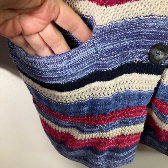 J Jill Striped Linen Blend Cardigan L V Neck Collar Red White Blue - Picture 8 of 11